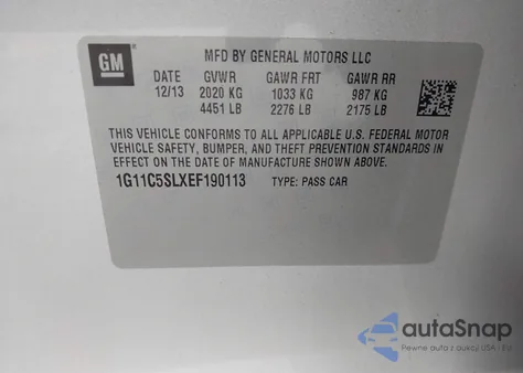 2014 Chevrolet Malibu 1Lt z USA, uszkodzony, nr VIN 1G11C5SLXEF190113